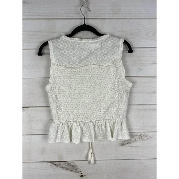 Shyanne Tank Top Womens Small White Embroidered Smocked Lace Up Ruffle Hem Boho - Picture 2 of 6